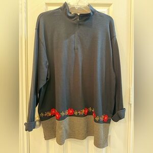 Vintage Bechamel 1/4 Zip XL Black Chevron Floral 100% Cotton Roll Sleeve Top